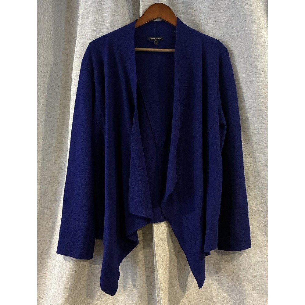 Eileen Fisher Merino Wool Cardigan Size Large Blue Open Front Minimalist